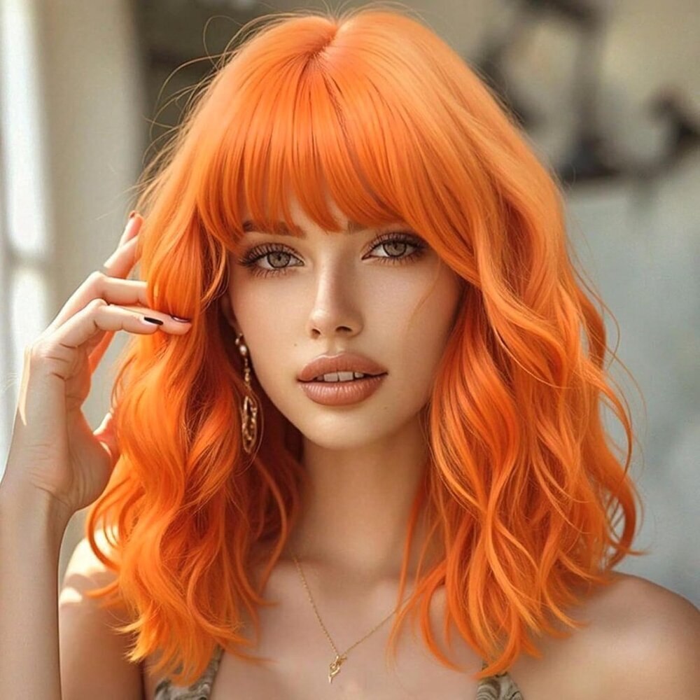 Women's Orange 14 Inch Curly Synthetic Cosplay Bangs Short Bob Wavy Wigs